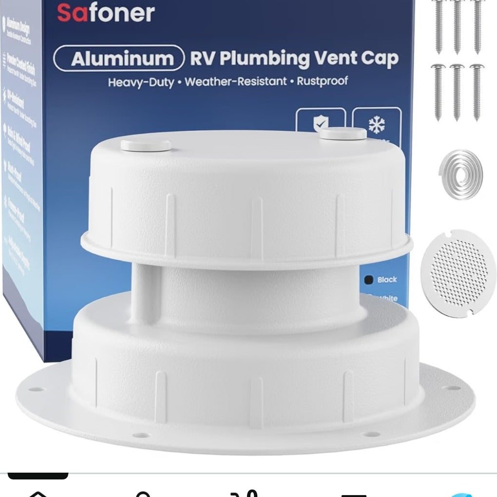 Safoner Aluminum RV Sewer Vent Cap kit with filter screen, screws, and sealant tape